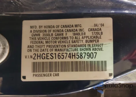 2004 Honda Civic Lx from USA, damaged, VIN 2HGES16574H587907